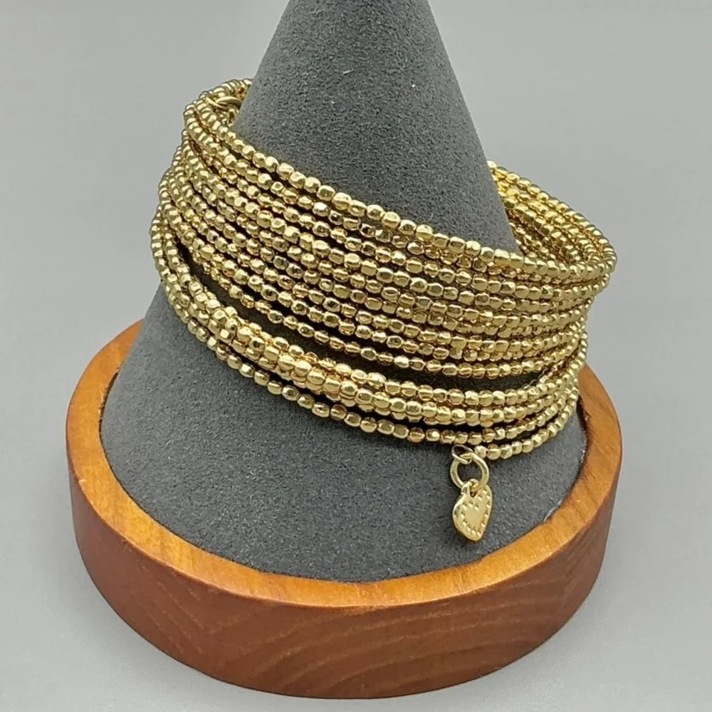Bracelet Women Gold Tone Beaded Multi Strand Heart Charm Wrap Cuff 7.25 In